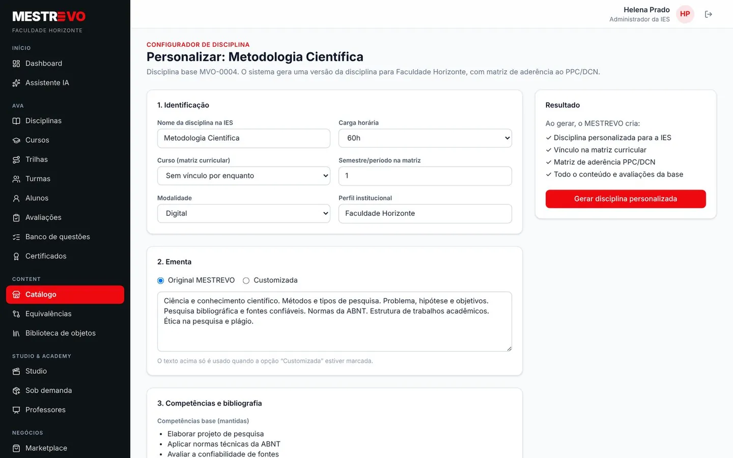 Configurador Personalizar disciplina